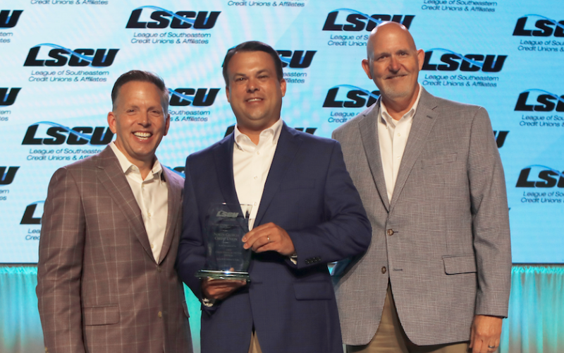 Pictured are (from left) Patrick La Pine, League of Southeastern Credit Union & Affiliates CEO; Brian Akin, NGCU president/CEO; and Henry Armstrong, League of Southeastern Credit Union & Affiliates chairman of the board.