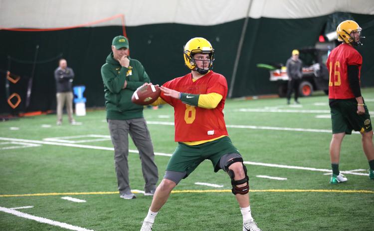 Former Stephens County Indian quarterback Zeb Noland works out in a North Dakota State University practice session.