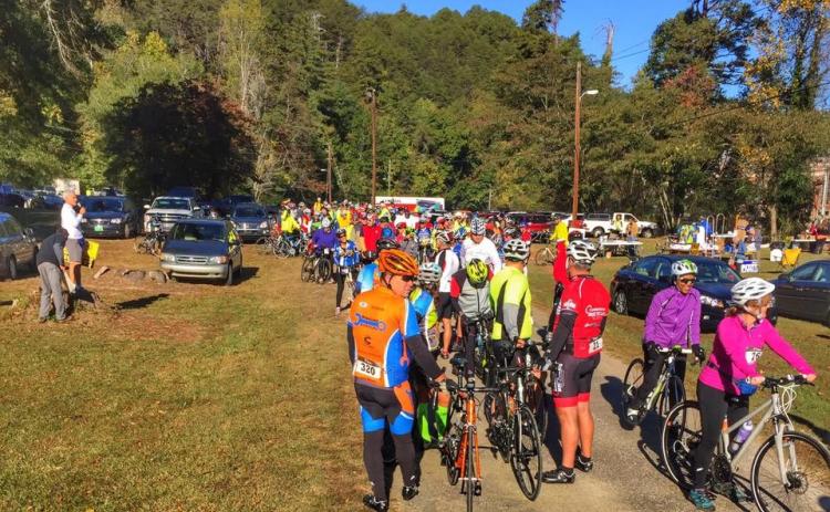 Bicyclists gather at Yonah Dam Park for the start of a previous Tour de Tugaloo. This is the 17th year of the popular bicycle ride.