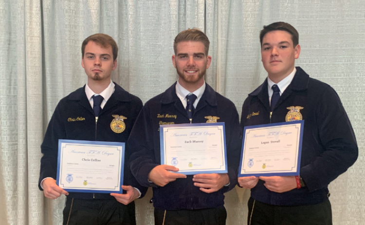 Pictured are three Stephens County FFA members who traveled to Indianapolis, Ind., to receive their American FFA Degrees. They are (from left) Chris Collier, Zack Murray and Logan Stovall. Not pictured are Kaine Addison and Tanner Allen.