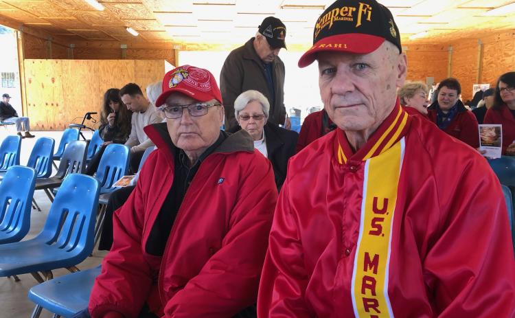 Marines Texas Lovell (right) and Ed Payne attended Monday's Veteran's Day observance.