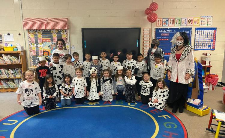 Some students and staff at Big A Elementary School recently celebrated the 101st day of school being in session by dressing as the 101 dalmations. Pictured in Mrs. Jodi Plaisted's class are (front, from left) Bella Torres, Kellynn Rodriguez, Izzy Lerma, Paislee Bohannon, Emma Carpenter, Kylee Smith, Ember Johnson, Aaliyah McCoy, Kaley Shook, Sophia Bridges, and principal Mrs. Regina Bayles. On the second row are Braxtyn Rogers, Braxton Schultz, Kreed Ivey, Kel Bennett, Aiden Terrell, Donnie Vinson, Andrew G