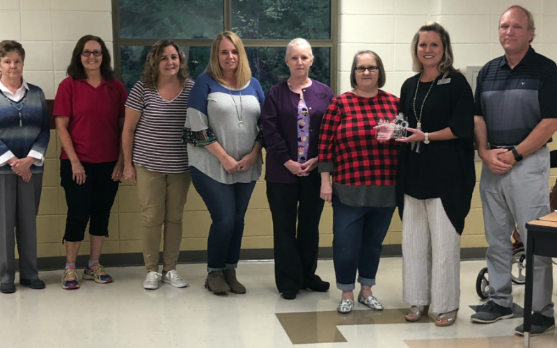 Stephens County school nutrition department received a Golden Radish award from Georgia Organic for recent accomplishments. Pictured are (from left) lunchroom managers Ann Ayers of Toccoa Elementary, Tammy Hanson of Liberty  Elementary, Tangie Banks nutrition bookkeeper, Jureda Bowen of Stephens County High School, Shelia Kellar of Big A Elementary, Heidi Hickey of Stephens County Middle School, nutrition director Kim Caudell, and school superintendent Bryan Dorsey.