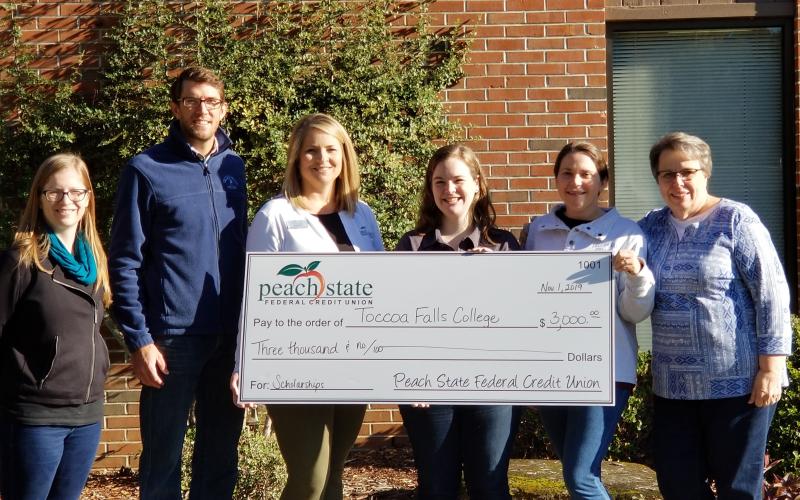 Pictured are Jennifer Doll, administrative assistant at Toccoa Falls College; Joseph Murrey, development officer at Toccoa Falls College; Letha Stowe, business development for Peach State Federal Credit Union; Amy Larson, student at Toccoa Falls College and scholarship recipient; Kristina Lightfoot, assistant professor of Teacher Education; and Dr. Donna Gardner, chair, Teacher Education Department at Toccoa Falls College.