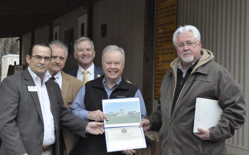 Attendees at the ribbon-cutting ceremony for the sheriff's office training center included (from left)  Bill Kokaly, representing U.S. Rep. Doug Collins; sheriff Randy Shirley; state Rep. Chris Erwin; state Sen. John Wilkinson; and local businessman Rick Phillips.