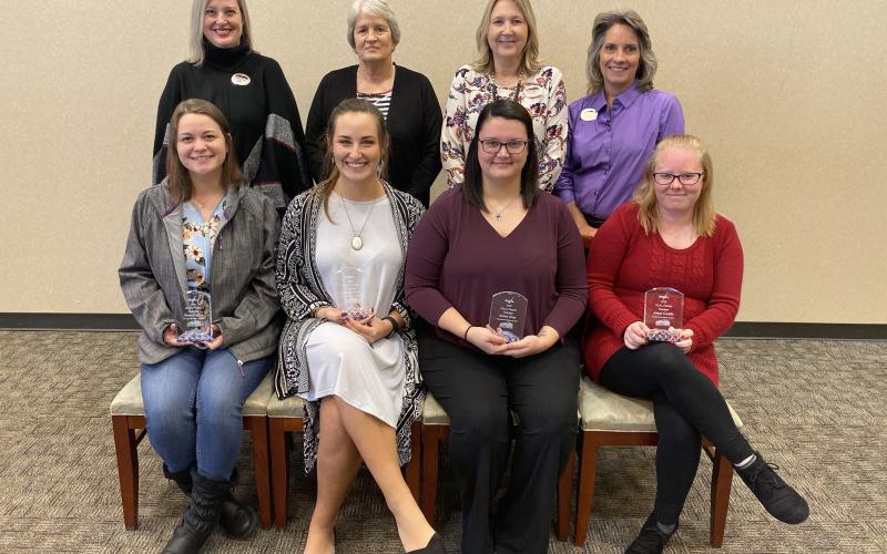 The top four NGTC GOAL nominees and their nominating instructors pictured behind them. Front from left are  Grace Jeffers, Kassidy Wood, Deitra Gray and Angel Gaddis. At rear are Allyson Smith, general education instructor; Angie Cowart, business technology instructor; Angie Minish, early childhood education instructor; and Pam Segers, criminal justice instructor.