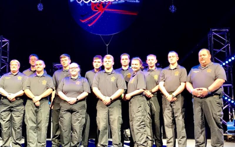 Members of the Stephens County Sheriff’s Office Explorer Post 77 are (front, from left) SRO Deputy Fowler, Explorer Kasey York, Explorer Cpl. Hannah Murphy, Explorer Pfc. Davey Patterson and  Explorer Katie William. At rear are  Explorer Joseph Helton, Explorer Nick Marstellar, Explorer Issac Littleton, Explorer Troy Broska, Explorer Sgt. Evan Lewellen, Explorer Lt. Miles Peck and SRO Cpl. David Kiser.