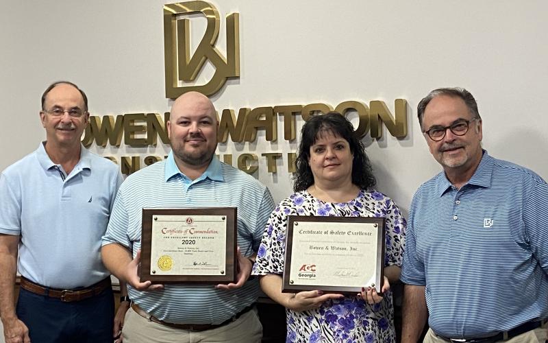 Pictured with safety awards are (from left) Kevin Watson, CEO of Bowen &amp; Watson; Dustin Duncan, vice president of construction; Stacy Allen, safety coordinator; and Keith Watson, chairman.