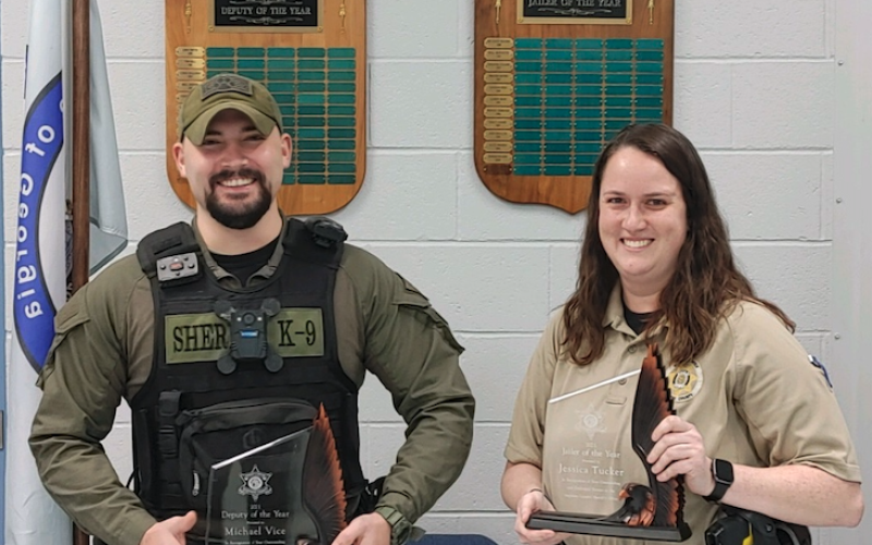Cpl. Michael Vice (left) and jailer Jessica Tucker were recently honored by the Stephens County Sheriff’s Office.