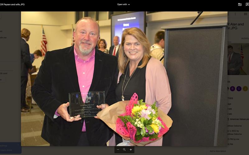 Steve Paysen of Toccoa was one of three honorees at the American Values Dinner last week. With him is his wife, Julie.