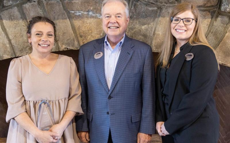 Pictured are (from left) 2023 GOAL winner at North Georgia Technical College Teresa Burton of Cleveland, NGTC president John Wilkinson and Rick Perkins Award of Excellence winner Brandy Qualls of Toccoa.