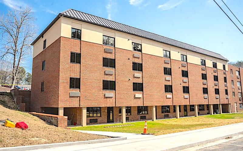 This is the appearance of the outside facade of the C-wing of Forrest Hall on the campus of Toccoa Falls College.