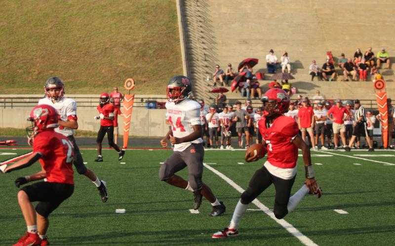 Kaiden Harbin runs the ball towards the endzone in the recent Habersham game.