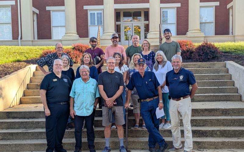 A group of 16 Stephens County residents participated in the seventh annual Bible reading on July 14 at the historic courthouse on Tugalo Street. Each participant read a different verse from the Bible during the event. Pictured are Ritz Theatre manager Tim Mullen, Jackie Whitmire, James Myerholtz, Danny Yearwood, Craig Hanscomb, Brandon Isbell, Tony Smith, Jackie Whitmire, David Semones, Burt Holmes, Lori Duke Jones, Daniel Simmons, Trudi Kannenburg and Danette Smith. Submitted photo
