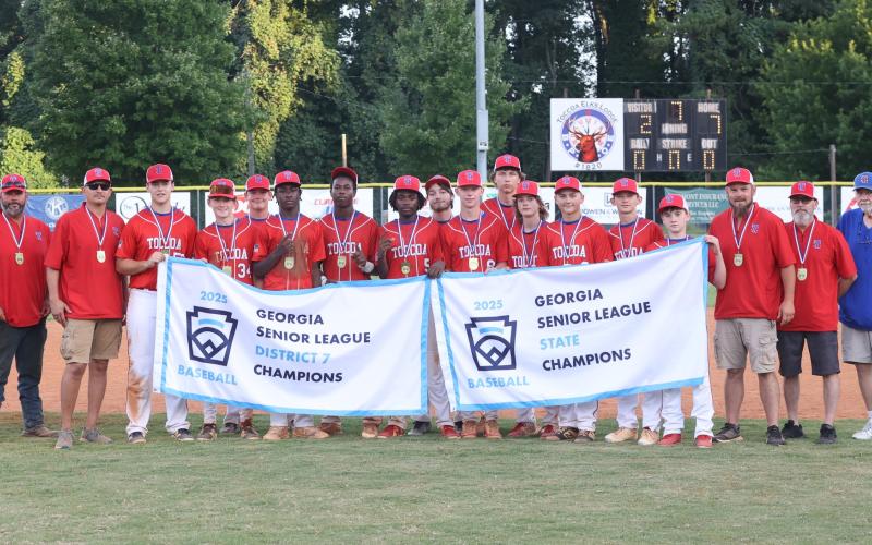 The Toccoa Senior League team is made up of Bentley Dunson, Landry Williams, Ryan King, Jasper Davenport, Dylan Elrod, Konner Brown, Thompson Bullard, Caden Hamilton, Isiah Patterson, Trey Pressley, Carmelo Renfroe, Seth Stonecypher, and Wyatt Rudeseal. The team’s manager is Ben Dunson, and the coaches are Matt King, Josh Davenport, and Bradley Elrod. Photo by David Byargeon