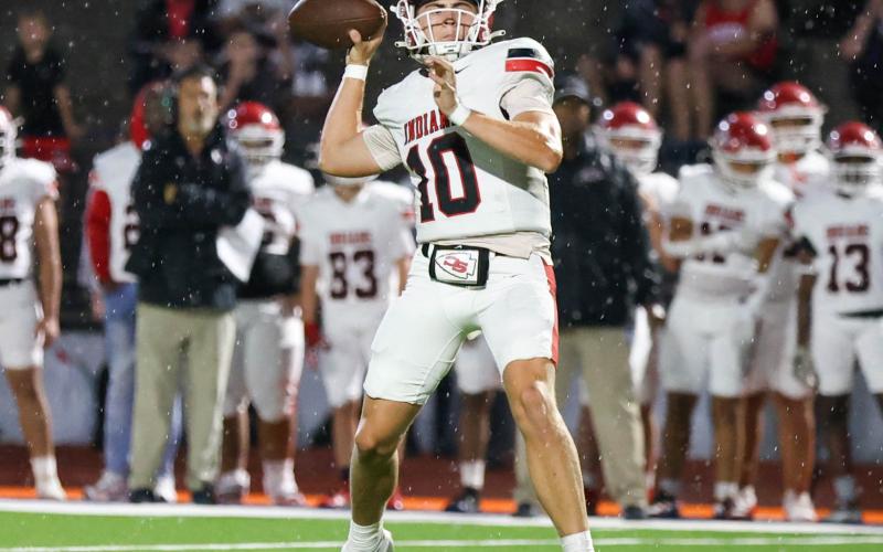 Branson Stowe passes the ball during the Battle of Currahee Mountain football game on Aug. 15 against the Habersham County Raiders. Landen Todd/The Northeast Georgian
