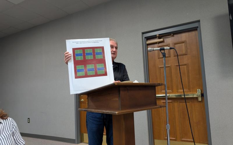On Monday, Aug. 25, Eddie Hallford presented an idea for pickleball courts at Henderson Falls Park to the Toccoa City Commission. Laura Shaw/The Toccoa Record