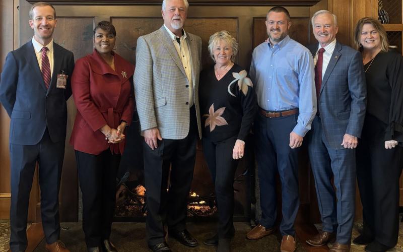 The Pre-Legislative Coffee event on Thursday, Jan. 8, at Currahee Club was emceed by Stephens County Hospital CEO Van Loskoski, left, and sponsored by Rick and Letha Phillips of the Phillips Group, middle. With them are Phillips Group Executive Vice President and Chief Operating Officer Cody Cobb, Georgia Rep. Chris Erwin, Toccoa-Stephens County Chamber of Commerce President Julie Paysen, and Chamber board chair Cassandra Wilkins.