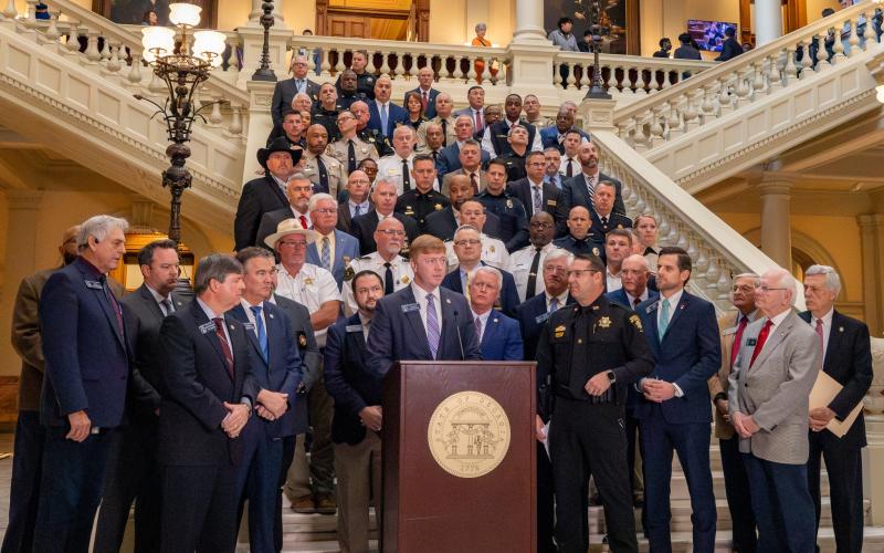 Stephens County Sheriff Rusty Fulbright visited the Capitol last week to support House Bill 973, which would provide for the state’s mental health hospital. He is standing about seven rows back near the center on the staircase.