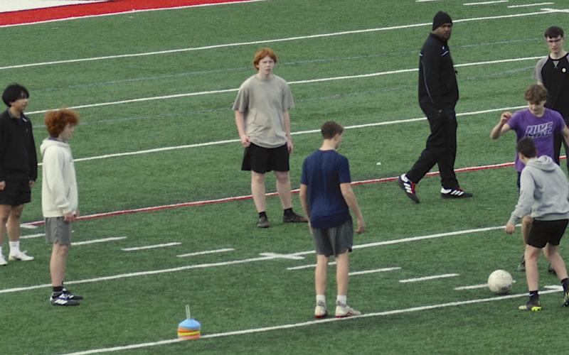 The Indians boys soccer team prepares to start practice.