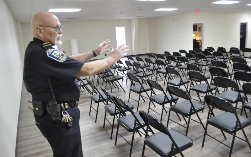 Toccoa police chief Bruce Carlisle shows off the new municipal courtroom at the future Toccoa Police Department location on Fernside Drive, opening soon.