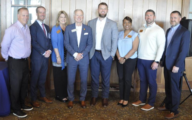 In attendance at last week’s post-legislative session event were, from left to right, Chamber board member and WNEG manager Phil Hobbs, Stephens County Hospital CEO Van Loskoski, Toccoa-Stephens County Chamber president Julie Paysen, Rep. Chris Erwin, Sen. Bo Hatchett, Chamber of Commerce board chair Cassandra Wilkins, Chamber board member and Toccoa Chick-Fil-A owner Tyler Pischke, and Stephens County Planning Commission member Cody Cobb.