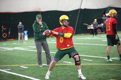 Former Stephens County Indian quarterback Zeb Noland works out in a North Dakota State University practice session.