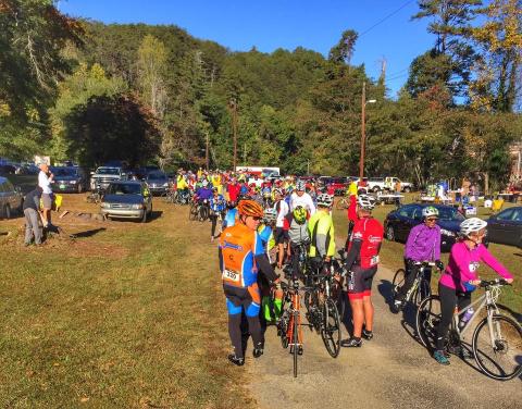 Bicyclists gather at Yonah Dam Park for the start of a previous Tour de Tugaloo. This is the 17th year of the popular bicycle ride.