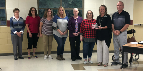 Stephens County school nutrition department received a Golden Radish award from Georgia Organic for recent accomplishments. Pictured are (from left) lunchroom managers Ann Ayers of Toccoa Elementary, Tammy Hanson of Liberty  Elementary, Tangie Banks nutrition bookkeeper, Jureda Bowen of Stephens County High School, Shelia Kellar of Big A Elementary, Heidi Hickey of Stephens County Middle School, nutrition director Kim Caudell, and school superintendent Bryan Dorsey.