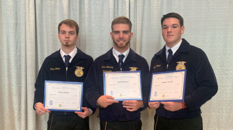Pictured are three Stephens County FFA members who traveled to Indianapolis, Ind., to receive their American FFA Degrees. They are (from left) Chris Collier, Zack Murray and Logan Stovall. Not pictured are Kaine Addison and Tanner Allen.