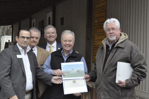 Attendees at the ribbon-cutting ceremony for the sheriff's office training center included (from left)  Bill Kokaly, representing U.S. Rep. Doug Collins; sheriff Randy Shirley; state Rep. Chris Erwin; state Sen. John Wilkinson; and local businessman Rick Phillips.