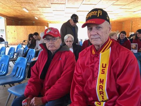 Marines Texas Lovell (right) and Ed Payne attended Monday's Veteran's Day observance.