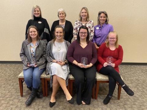 The top four NGTC GOAL nominees and their nominating instructors pictured behind them. Front from left are  Grace Jeffers, Kassidy Wood, Deitra Gray and Angel Gaddis. At rear are Allyson Smith, general education instructor; Angie Cowart, business technology instructor; Angie Minish, early childhood education instructor; and Pam Segers, criminal justice instructor.