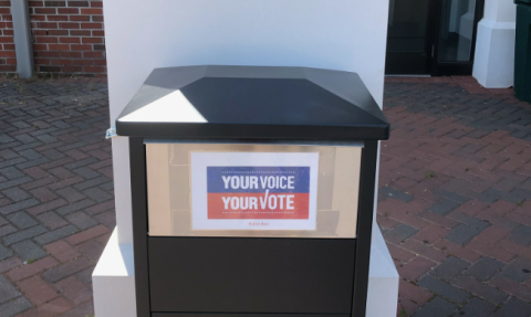 Voters can drop their absentee ballots into this receptacle located in front of the government building on Alexander Street.