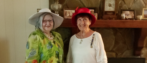 Toccoa DAR members DiAnne Collins (left) and Kathleen Townsend attended the state virtual tea party in July. Not pictured are Paige Dooley and Linda Hogsed.