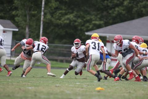Indian running back Zach Feaster (1) looks for running room during a recent Stephens scrimmage.