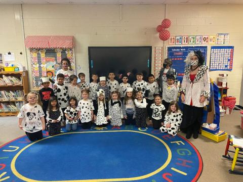Some students and staff at Big A Elementary School recently celebrated the 101st day of school being in session by dressing as the 101 dalmations. Pictured in Mrs. Jodi Plaisted's class are (front, from left) Bella Torres, Kellynn Rodriguez, Izzy Lerma, Paislee Bohannon, Emma Carpenter, Kylee Smith, Ember Johnson, Aaliyah McCoy, Kaley Shook, Sophia Bridges, and principal Mrs. Regina Bayles. On the second row are Braxtyn Rogers, Braxton Schultz, Kreed Ivey, Kel Bennett, Aiden Terrell, Donnie Vinson, Andrew G