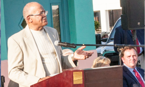 L.J. Harrison speaks during the grand re-opening of the renovated Ritz Theatre. Harrison was employed by the theatre in the 1950s.