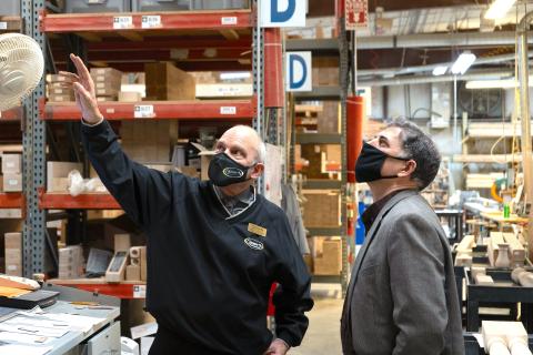 Osborne Wood Products Inc. CEO Leon Osborne (left) takes U.S. Rep. Andrew Clyde on a tour of the Osborne manufacturing facility.