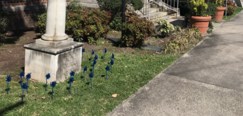 Note the pinwheels at the base of the Olympic torch in front of Toccoa City Hall. They are a reminder that April is National Child Abuse Prevention Month.