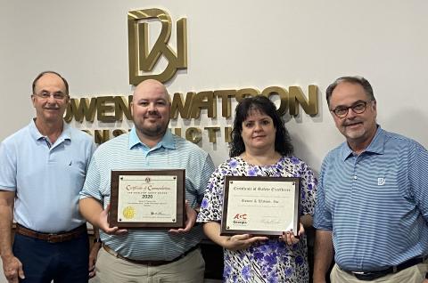 Pictured with safety awards are (from left) Kevin Watson, CEO of Bowen & Watson; Dustin Duncan, vice president of construction; Stacy Allen, safety coordinator; and Keith Watson, chairman.