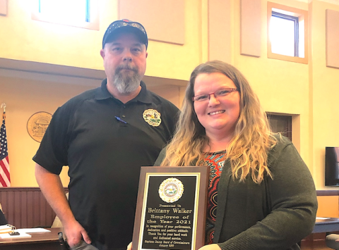 Brittany Walker (right), assistant administrator of public works, recently received the 2021 employee of the year award from the Stephens County Board of Commissioners. Pictured with her is public works director Jason Holland.