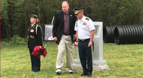 The Crone Foundation, formed in honor of Air Force veteran Robert F. Crone Jr., donated $25,000 for a new JROTC obstacle course at Stephens County High School. Pictured in front of a monument at the course are (from left)  JROTC battalion commander Shay Fischer, Bob Crone (John Crone's brother), and JROTIC senior instructor LTC (Ret) David Priatko.