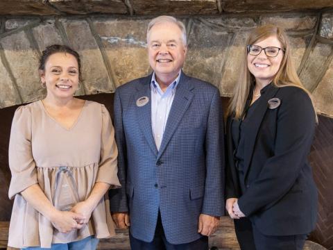 Pictured are (from left) 2023 GOAL winner at North Georgia Technical College Teresa Burton of Cleveland, NGTC president John Wilkinson and Rick Perkins Award of Excellence winner Brandy Qualls of Toccoa.