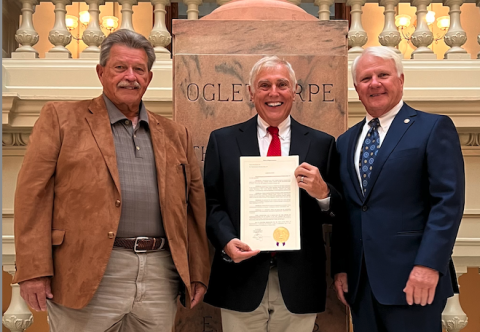 State Rep. Alan Powell (left) and Speaker of the House Jon Burns (right) with Charles Head of Toccoa.