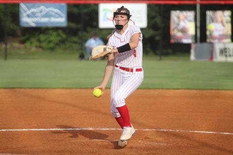 Senior Riley Walker winding up for the pitch at the home opener against Elbert.