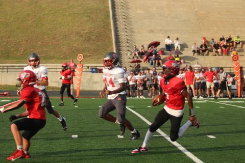 Kaiden Harbin runs the ball towards the endzone in the recent Habersham game.