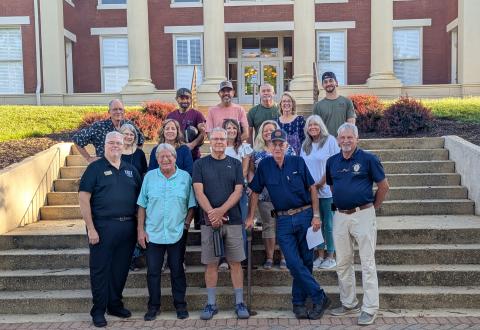 A group of 16 Stephens County residents participated in the seventh annual Bible reading on July 14 at the historic courthouse on Tugalo Street. Each participant read a different verse from the Bible during the event. Pictured are Ritz Theatre manager Tim Mullen, Jackie Whitmire, James Myerholtz, Danny Yearwood, Craig Hanscomb, Brandon Isbell, Tony Smith, Jackie Whitmire, David Semones, Burt Holmes, Lori Duke Jones, Daniel Simmons, Trudi Kannenburg and Danette Smith. Submitted photo