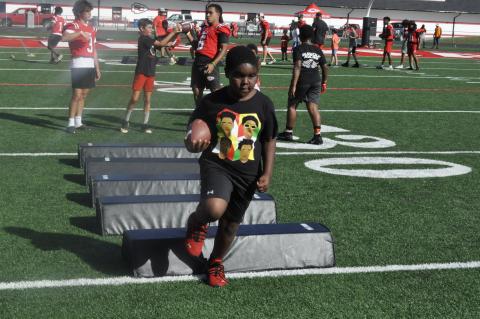 The Stephens County High School football team held its Future Indians camp on Monday night, which teaches first through fifth grade students the fundamentals of playing football. Assistant coach David Poffenberger told The Record the event had 25 students participate and said the event is a great way to do community outreach. The camp also gave the students the opportunity to meet the high school football players and run drills alongside them. Photo by Michael O'Hearn