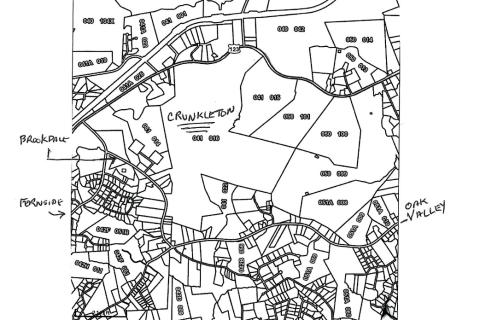 This is a map of the 499-acre Crunkleton property near Toccoa. It is flanked by Fern Valley Drive, Brookdale Road, and Oak Valley Road, and could be the site of a future rock quarry. Submitted by Donna Smith